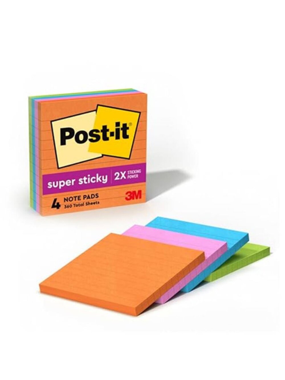 Super Sticky Lined Notes, 4 Sticky Note Pads, 4 x 4 in., School